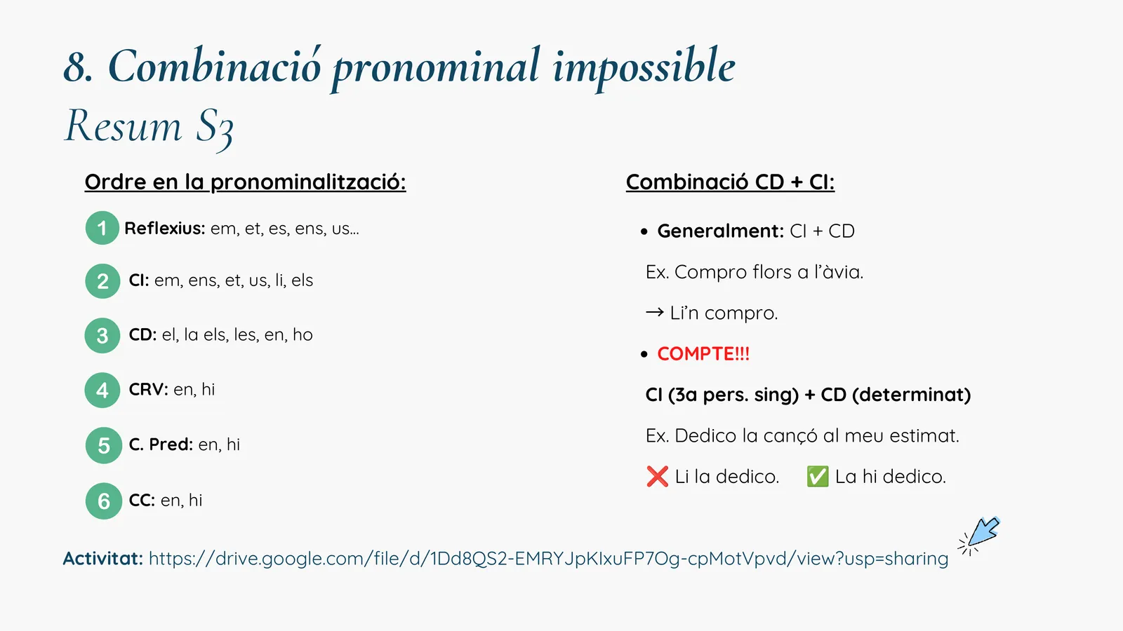 Resum: ordre de pronominalització i combinació CD+CI