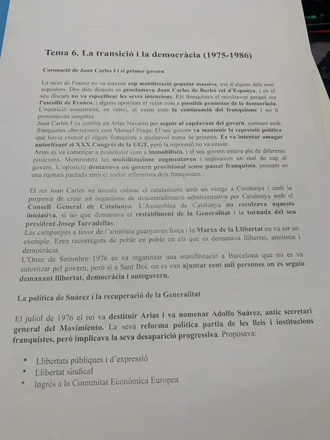Tema 6: la transició i la democràcia (1975-1986), el primer govern i la recuperació de la Generalitat