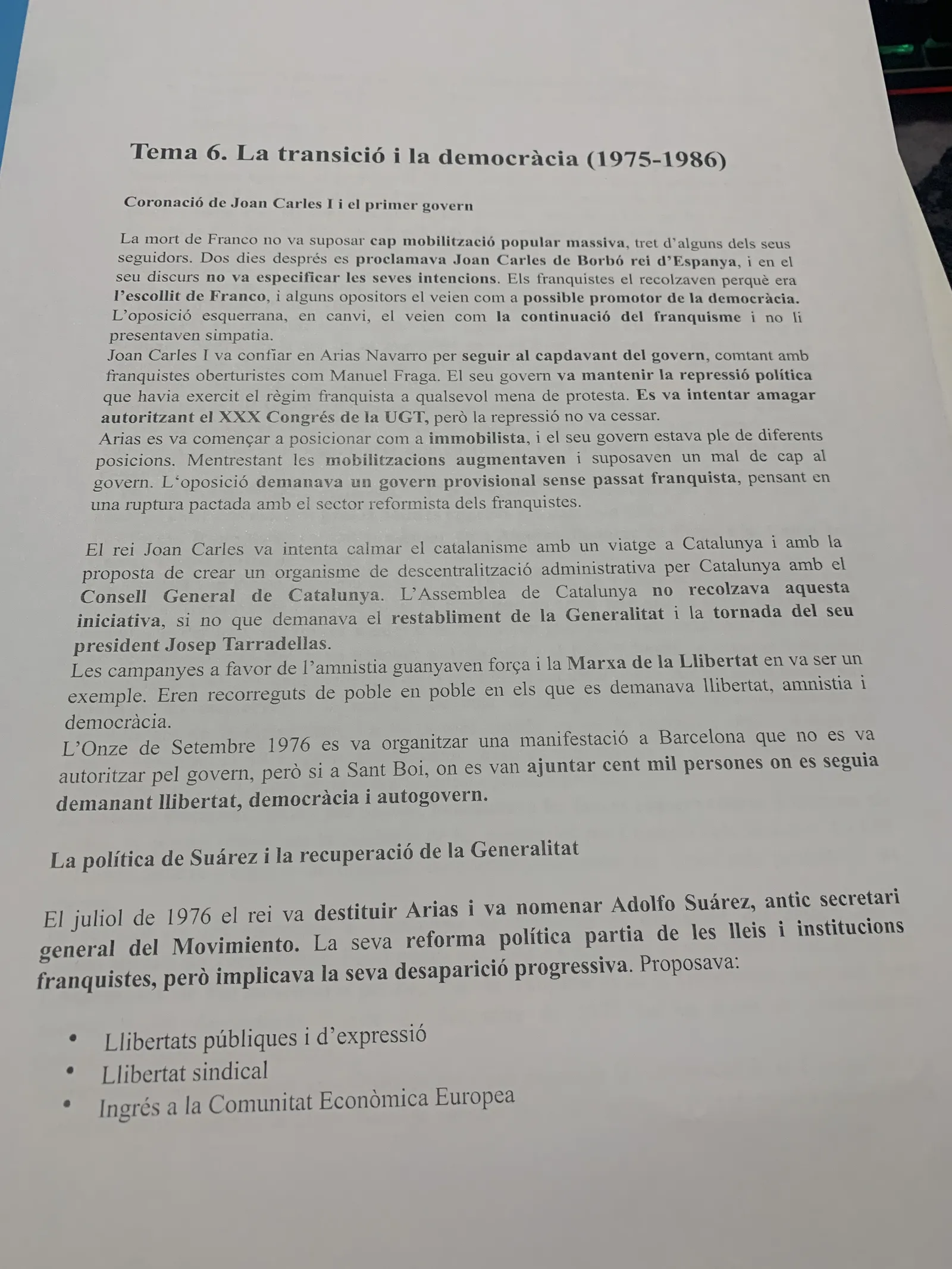 Tema 6: la transició i la democràcia (1975-1986), el primer govern i la recuperació de la Generalitat