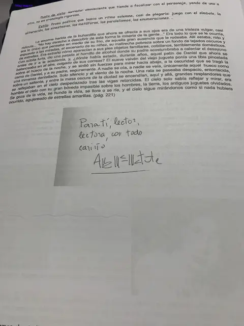 Punto de vista narrativo y estilo de la novela, con la dedicatoria manuscrita de la autora