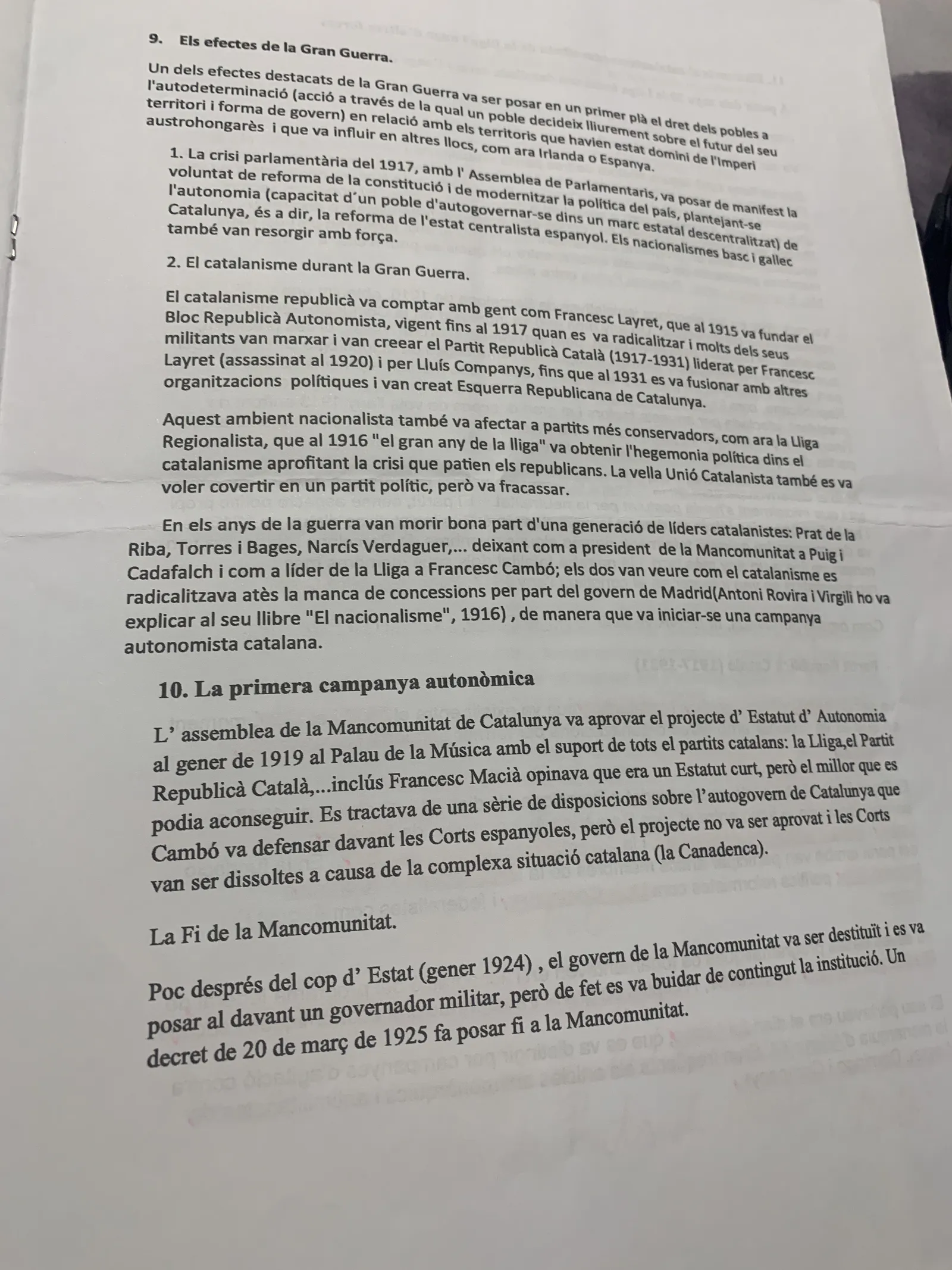 Els efectes de la Gran Guerra, el catalanisme durant el conflicte i el final de la Mancomunitat el 1925