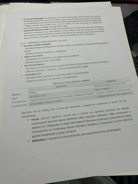 Diferències entre Sòcrates i els sofistes en mètode, ideal, coneixement i ensenyament, amb la ironia i la maièutica