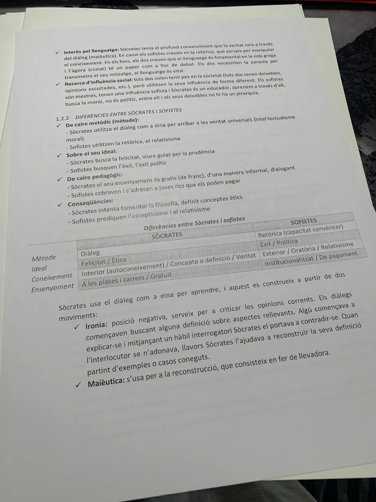 Diferències entre Sòcrates i els sofistes en mètode, ideal, coneixement i ensenyament, amb la ironia i la maièutica