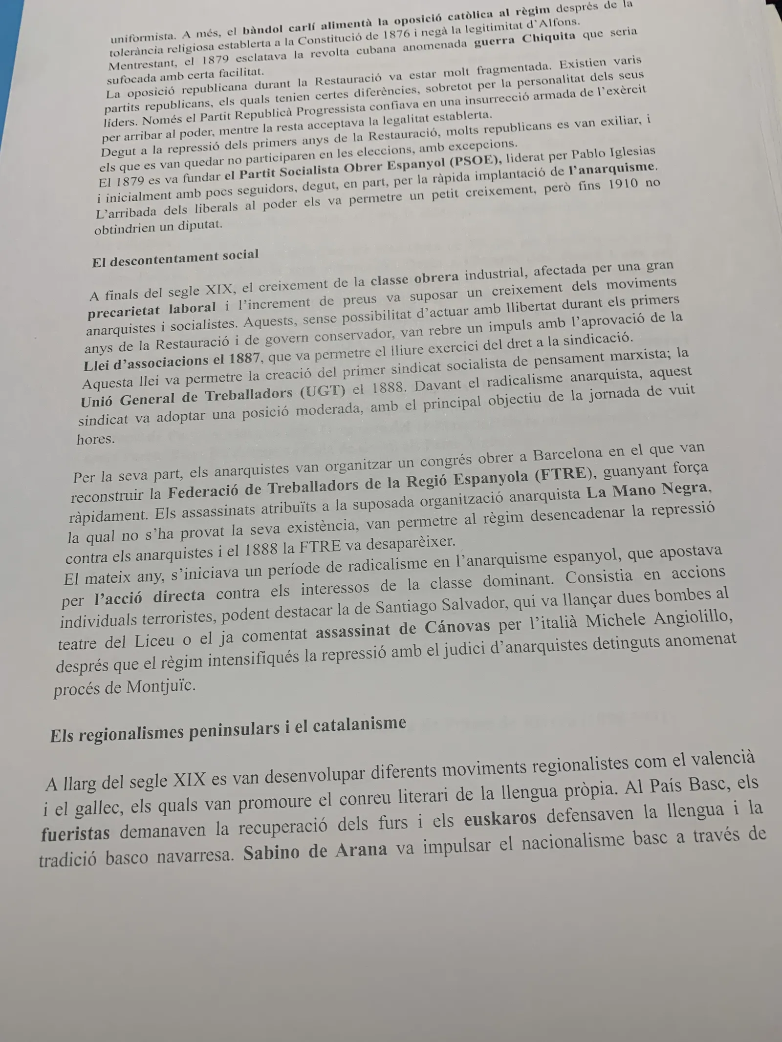El descontentament social, la Llei d'associacions de 1887, la UGT, la FTRE i els regionalismes