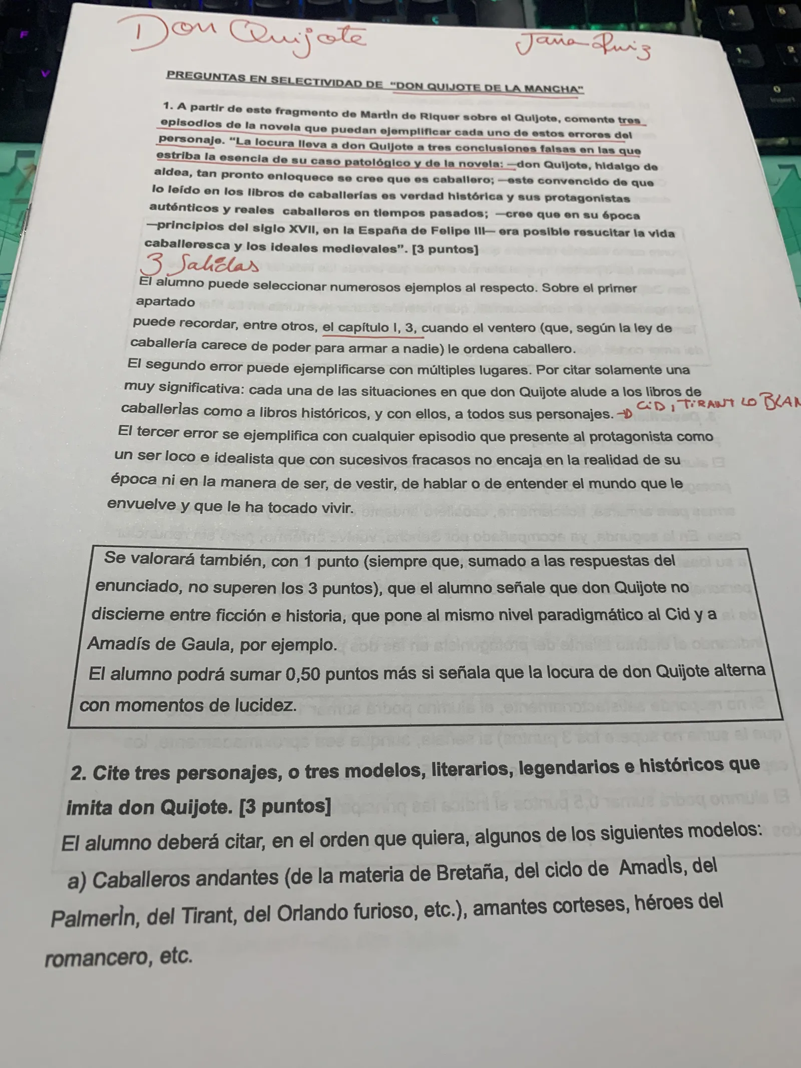 Preguntas de Selectividad sobre el Quijote: los tres errores de don Quijote y los modelos que imita