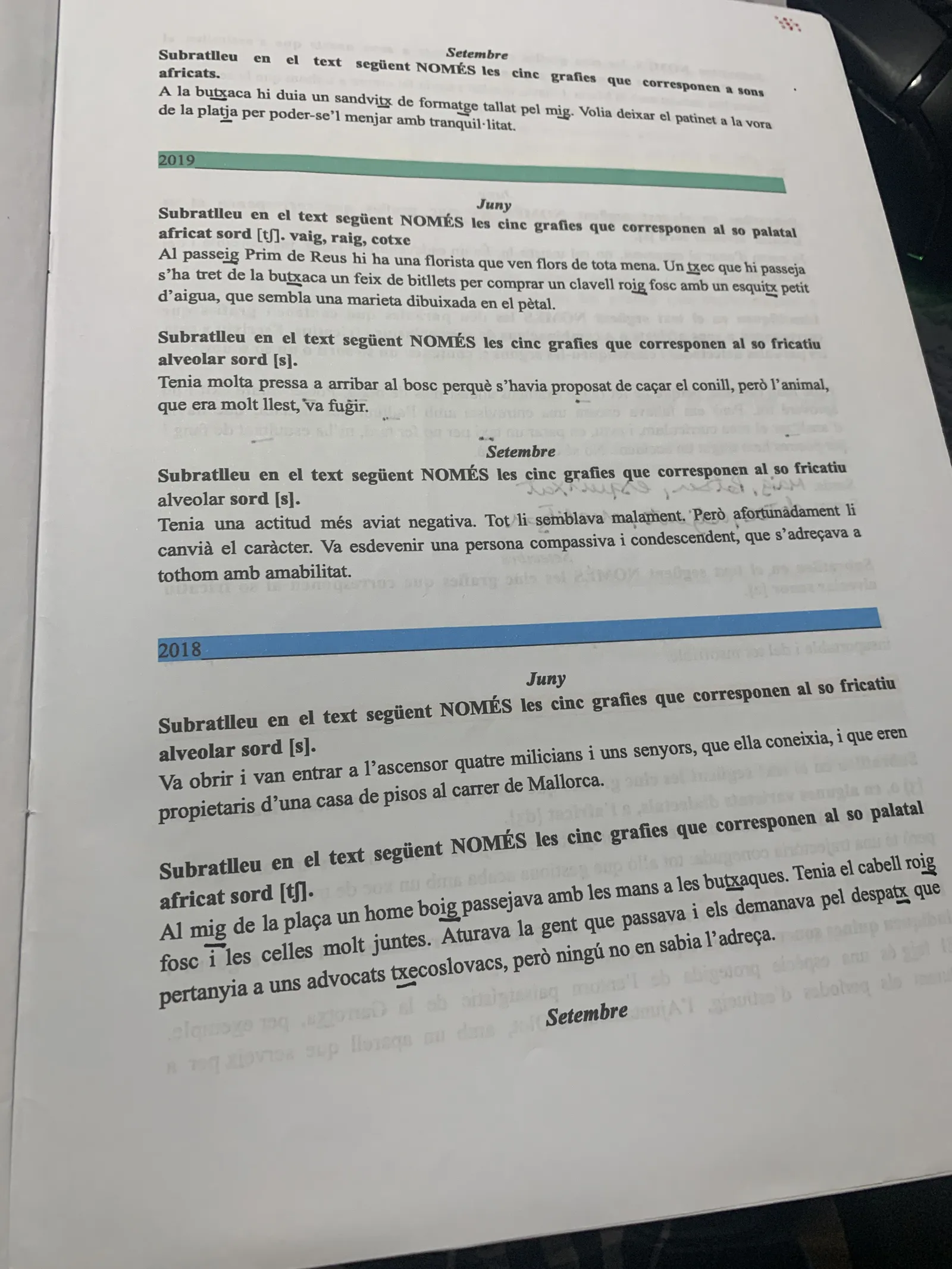 Activitats de fonètica de la PAU de 2019 i 2018: sons africats i fricatius