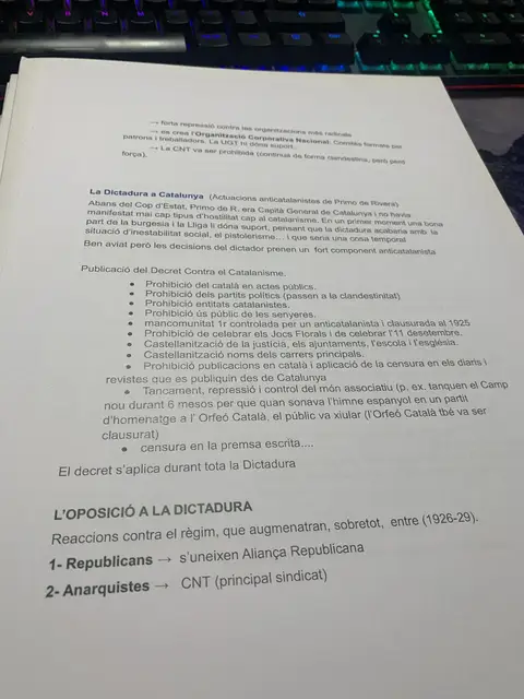 El Decret Contra el Catalanisme i les prohibicions a Catalunya, i l'oposició a la dictadura