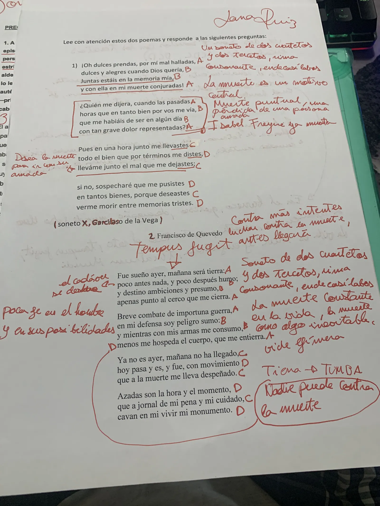 Comparación del soneto X de Garcilaso con «Fue sueño ayer» de Quevedo, con las respuestas