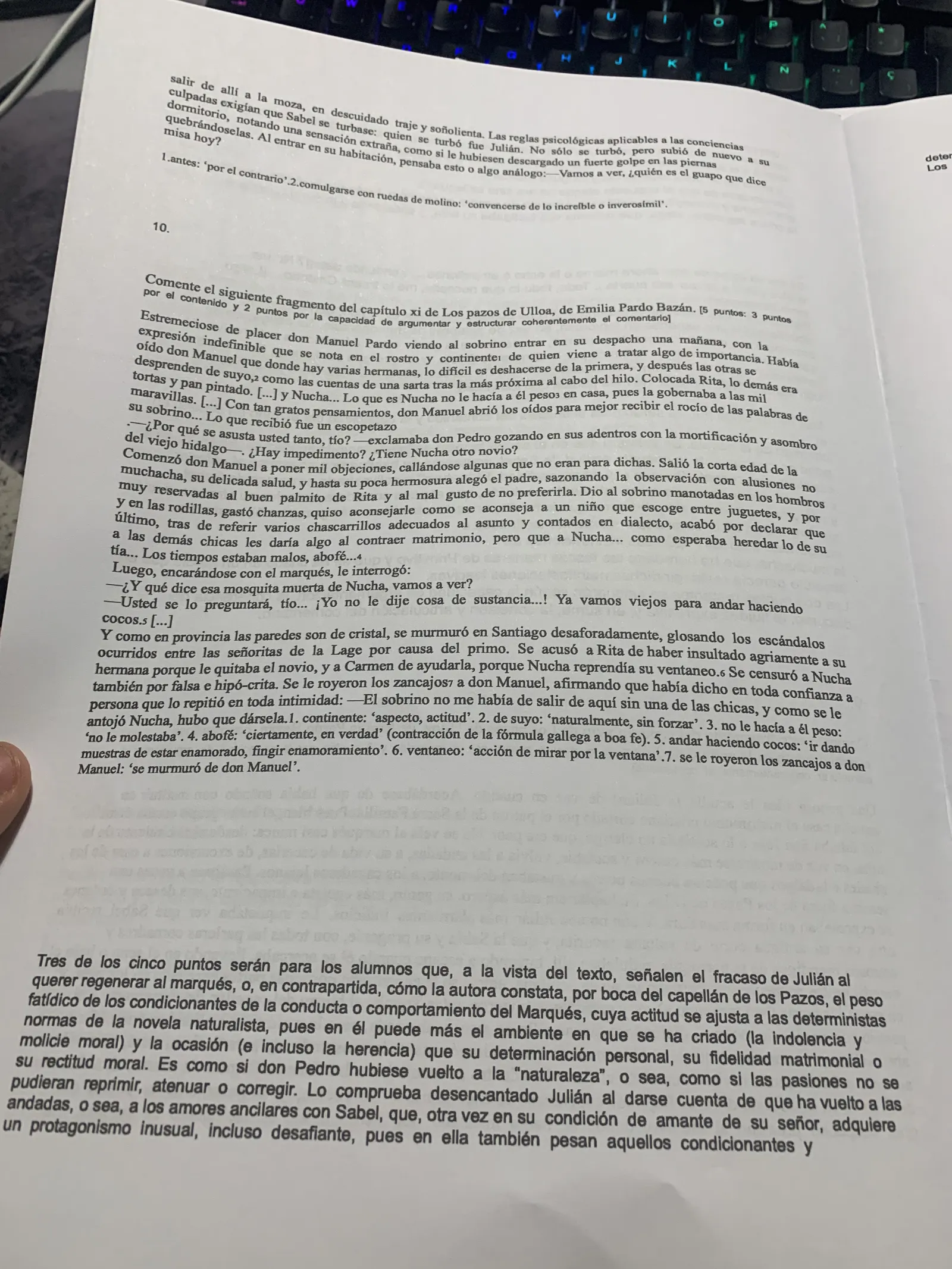 Pregunta 10: comentario de un fragmento del capítulo XI y criterios de corrección