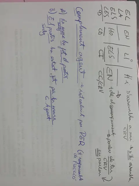Esquema manuscrit dels pronoms febles (el, la, els, les, li, en, hi) i del complement agent