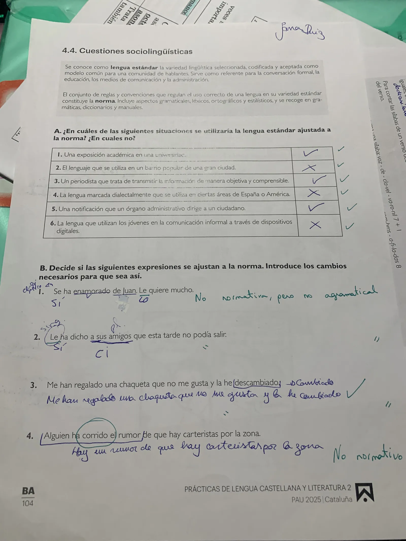 Prácticas PAU 2025: cuándo se usa la lengua estándar y corrección de expresiones según la norma