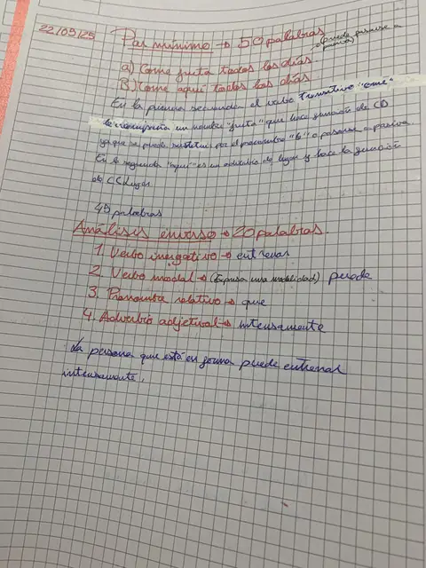 Ejercicio de análisis inverso de 20 palabras: verbo inergativo, verbo modal, pronombre relativo y adverbio adjetival
