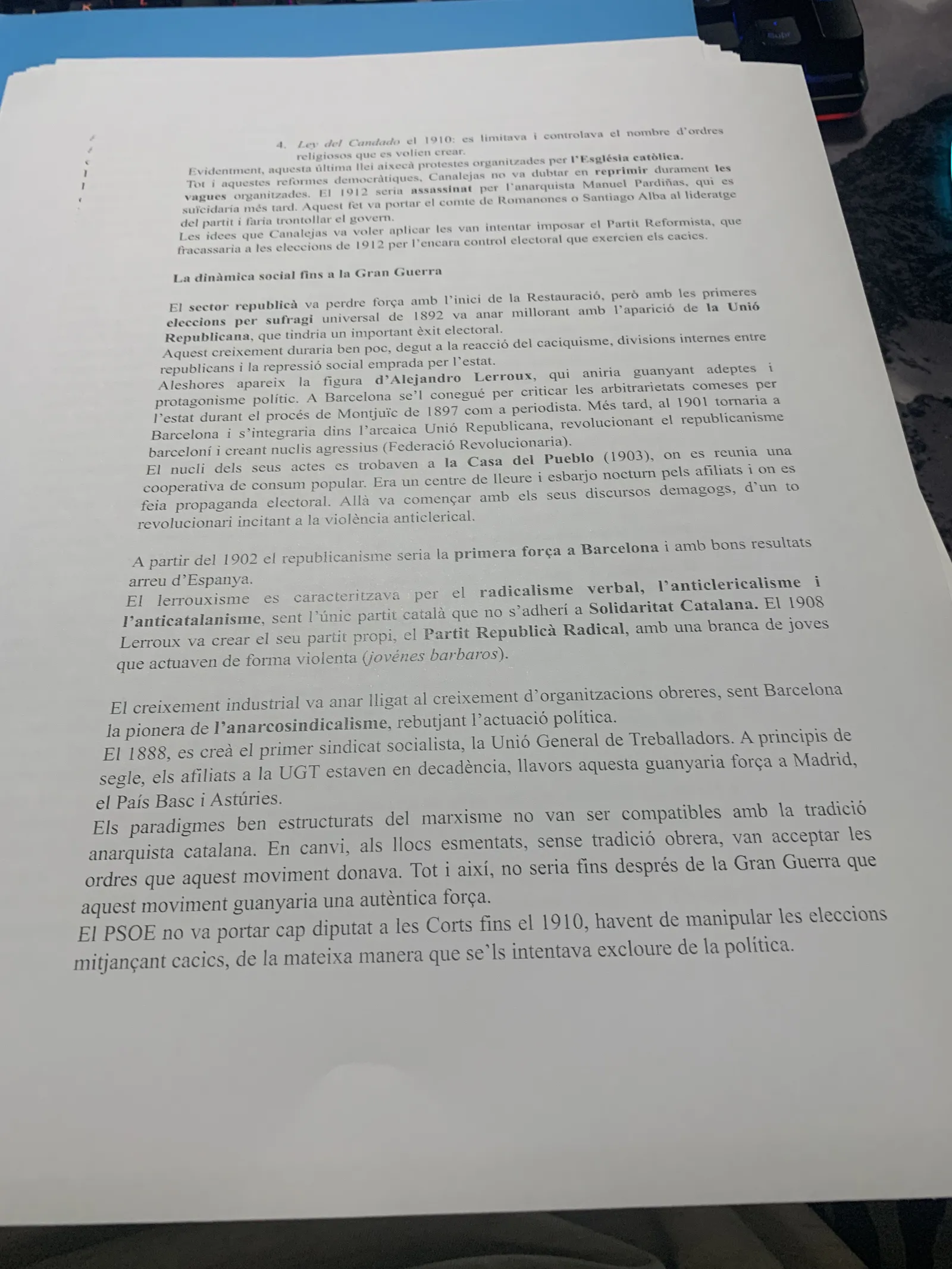 La Llei del Candado de 1910, la dinàmica social fins a la Gran Guerra i el lerrouxisme