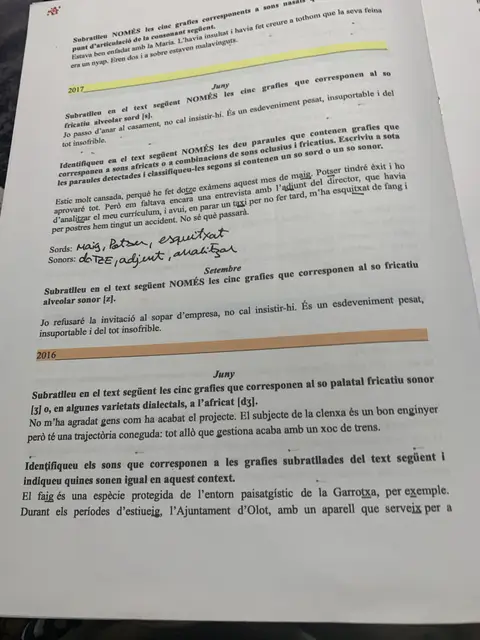Activitats de fonètica de la PAU de 2017 i 2016, amb la classificació sords/sonors resolta a mà