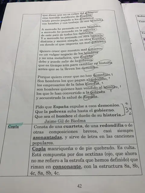Poema de Jaime Gil de Biedma con la escansión anotada y definición de copla y copla manriqueña