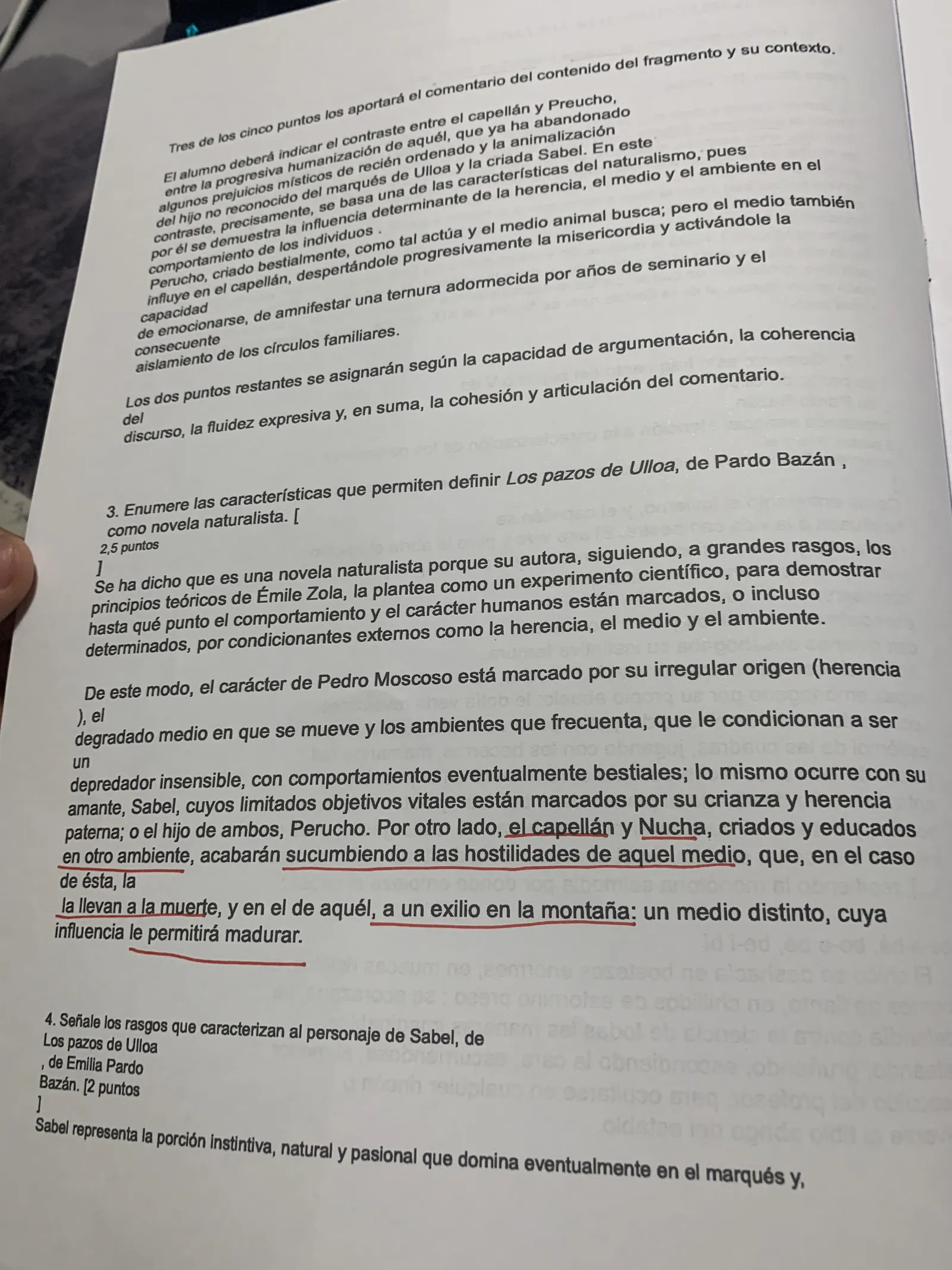 Preguntas 3 y 4: la novela naturalista y los rasgos del personaje de Sabel, con la respuesta modelo