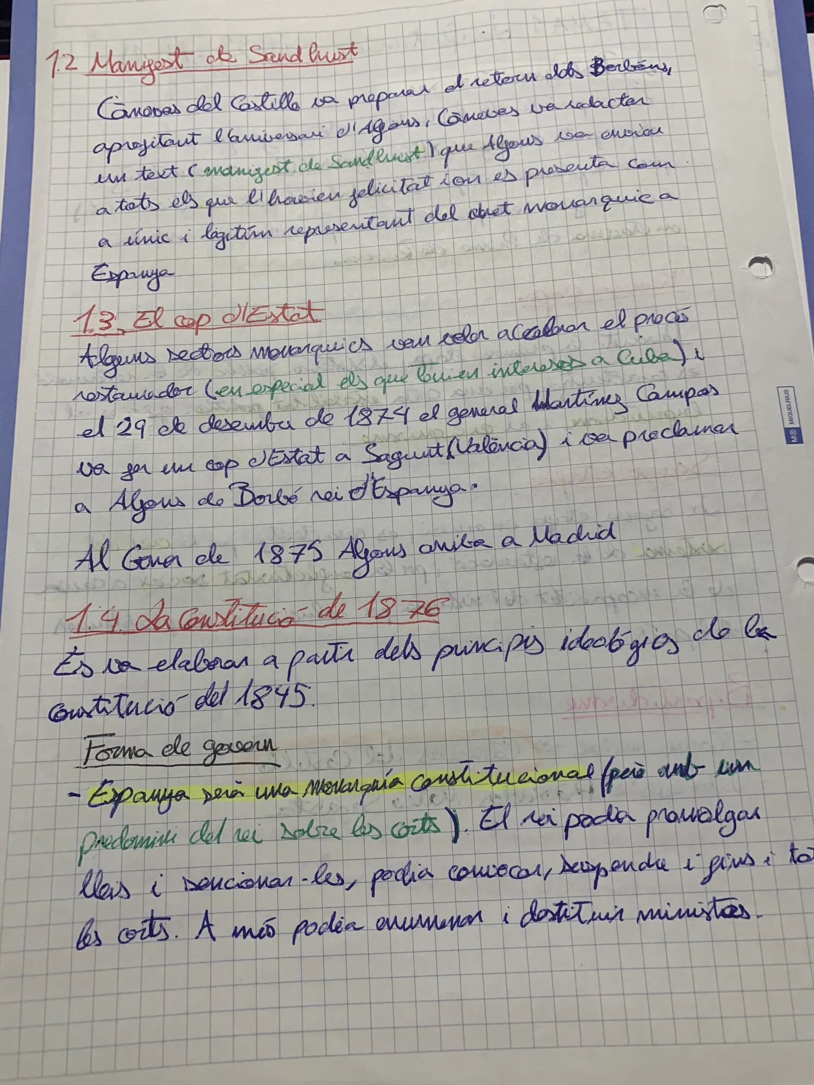 El Manifest de Sandhurst, el cop de Martínez Campos i la Constitució de 1876