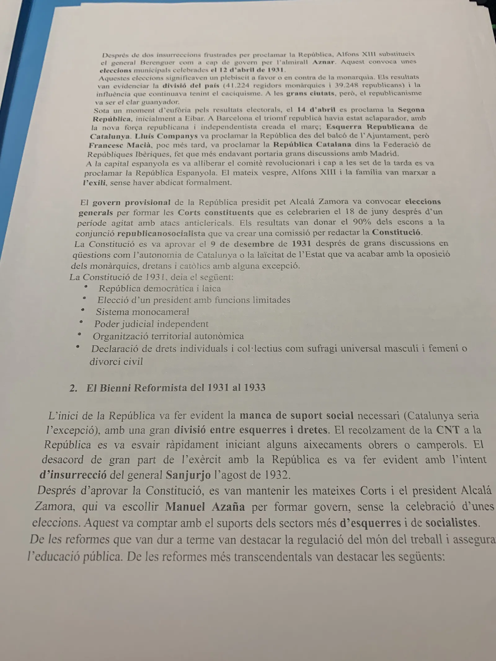 La proclamació de la República el 14 d'abril de 1931 i la Constitució del 9 de desembre