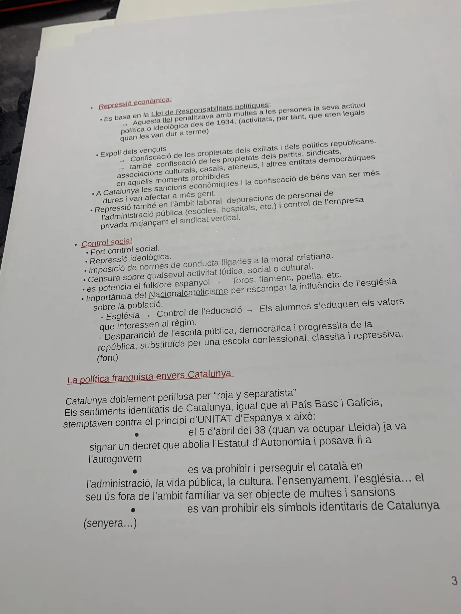 La repressió econòmica, el control social, el nacionalcatolicisme i la política envers Catalunya