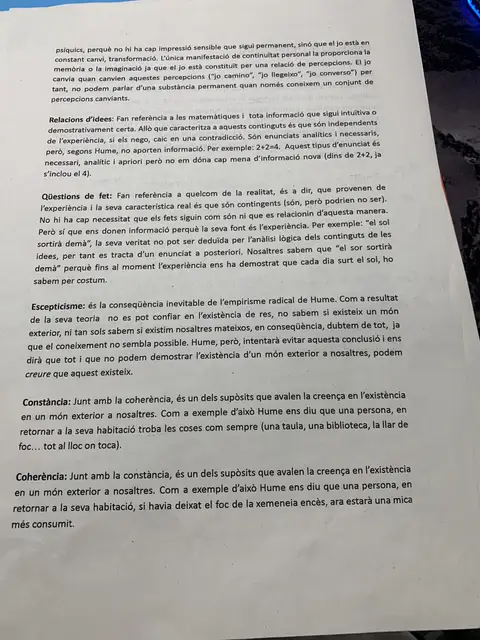 Relacions d'idees, qüestions de fet, escepticisme i els supòsits de constància i coherència