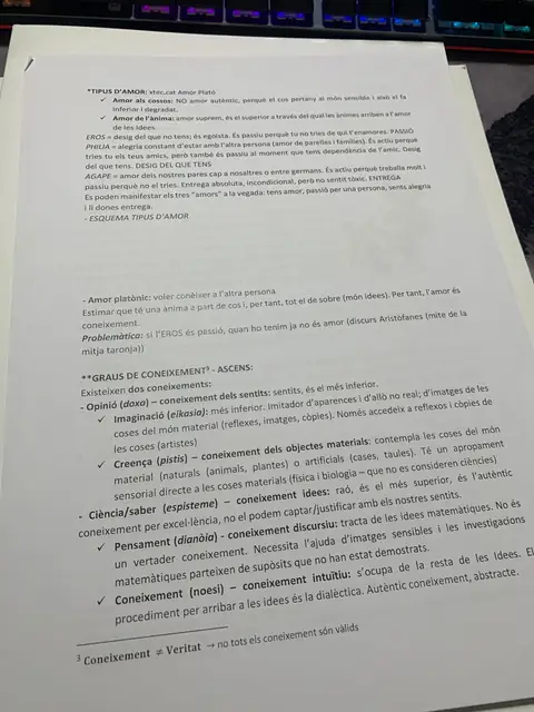 Els tipus d'amor platònic i els graus de coneixement: eikasia, pistis, dianoia i noesi