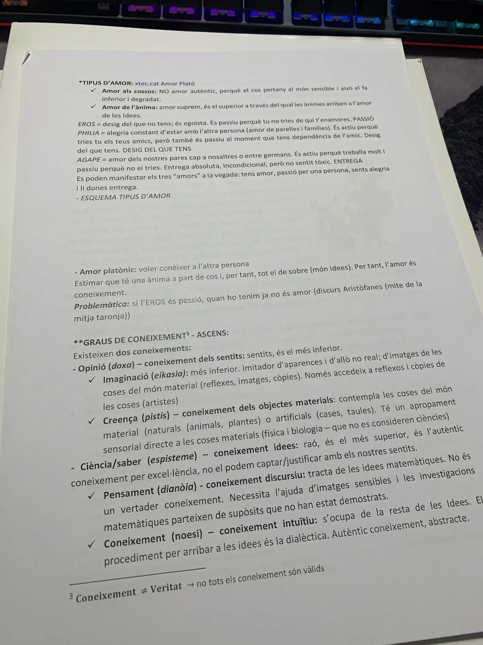 Els tipus d'amor platònic i els graus de coneixement: eikasia, pistis, dianoia i noesi