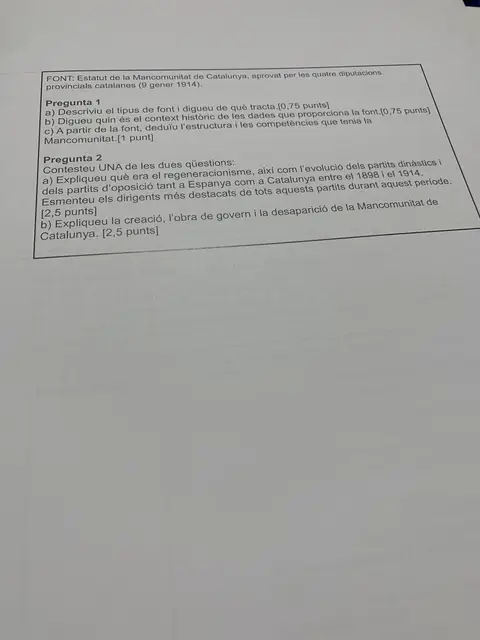 Font: Estatut de la Mancomunitat de 1914 amb dues preguntes de comentari