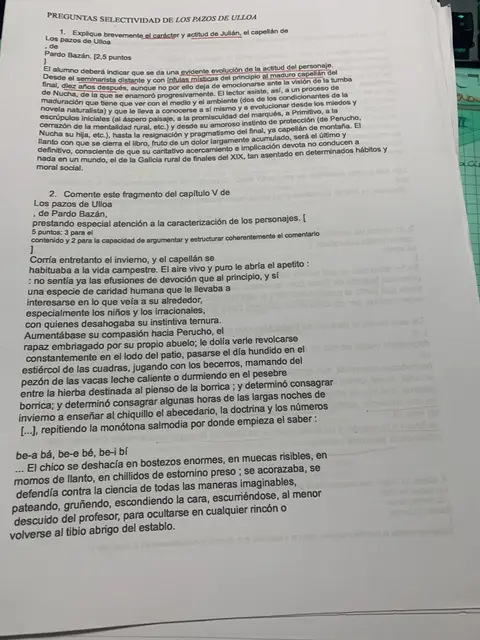 Preguntas de Selectividad sobre Los pazos de Ulloa: carácter de Julián y comentario del capítulo V