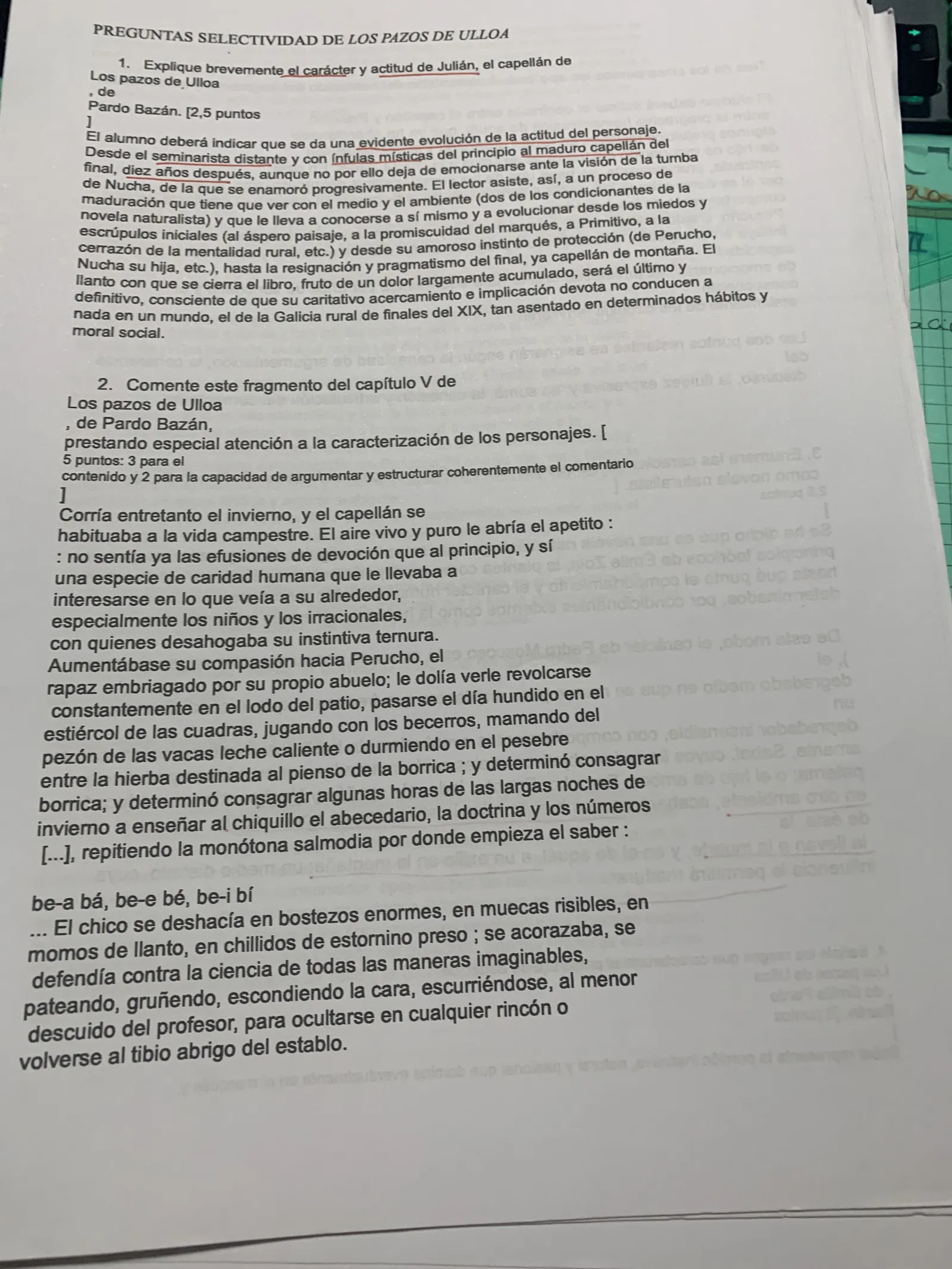 Preguntas de Selectividad sobre Los pazos de Ulloa: carácter de Julián y comentario del capítulo V