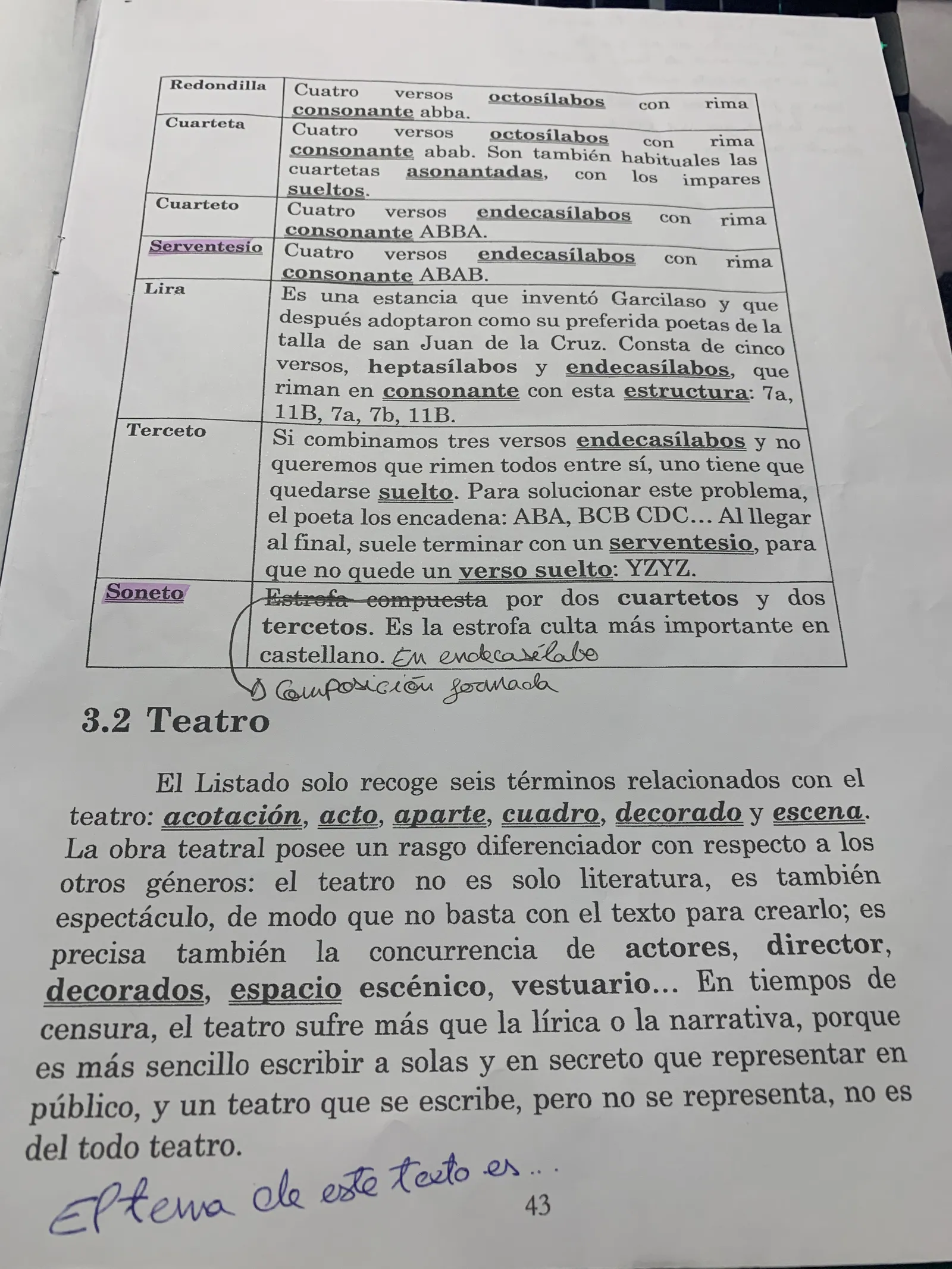 Tabla de estrofas (redondilla, cuarteta, cuarteto, serventesio, lira, terceto, soneto) y apartado 3.2 Teatro