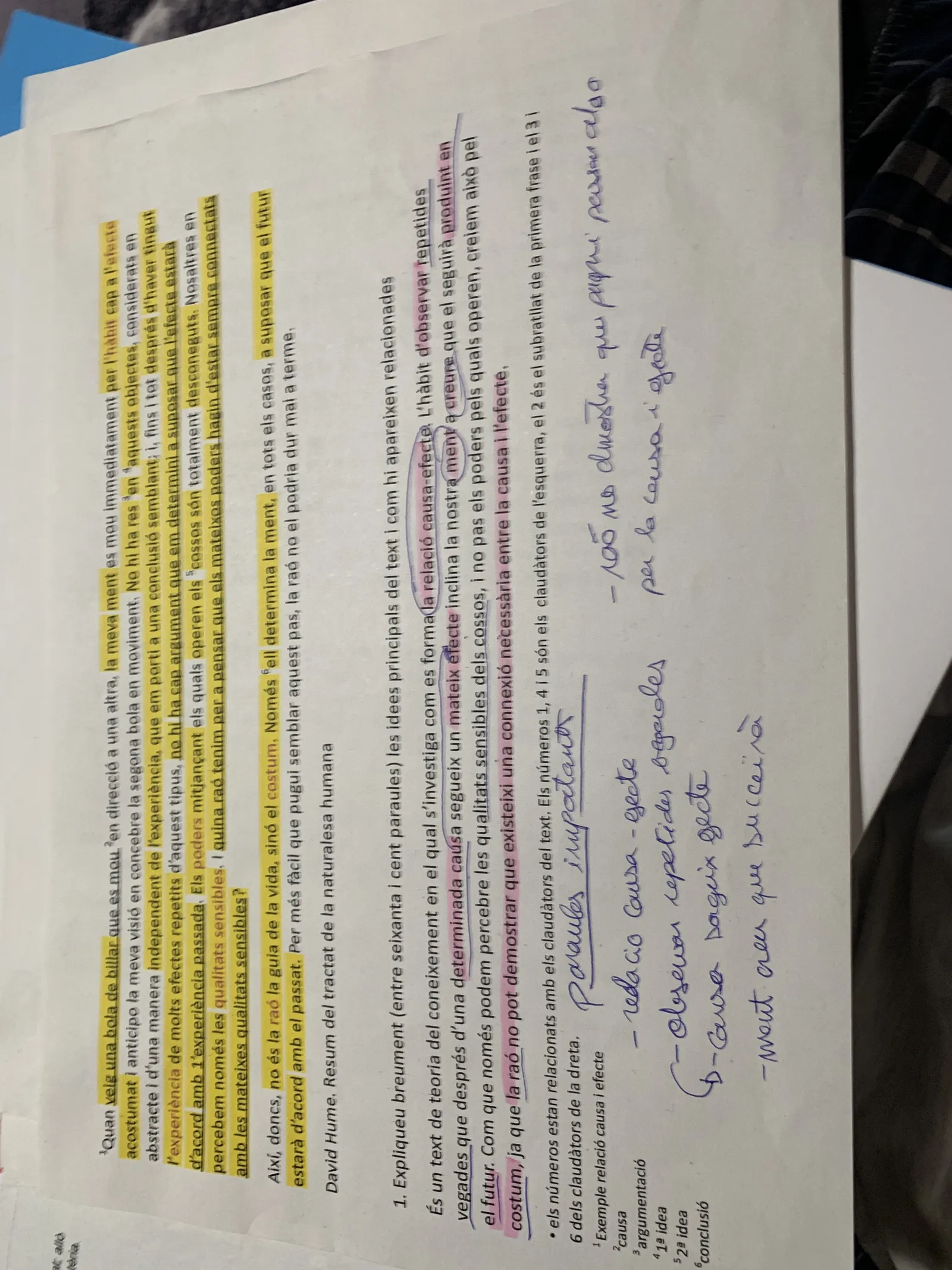 Text de Hume subratllat amb anotacions al marge i la pregunta 1 de comentari de la teoria del coneixement