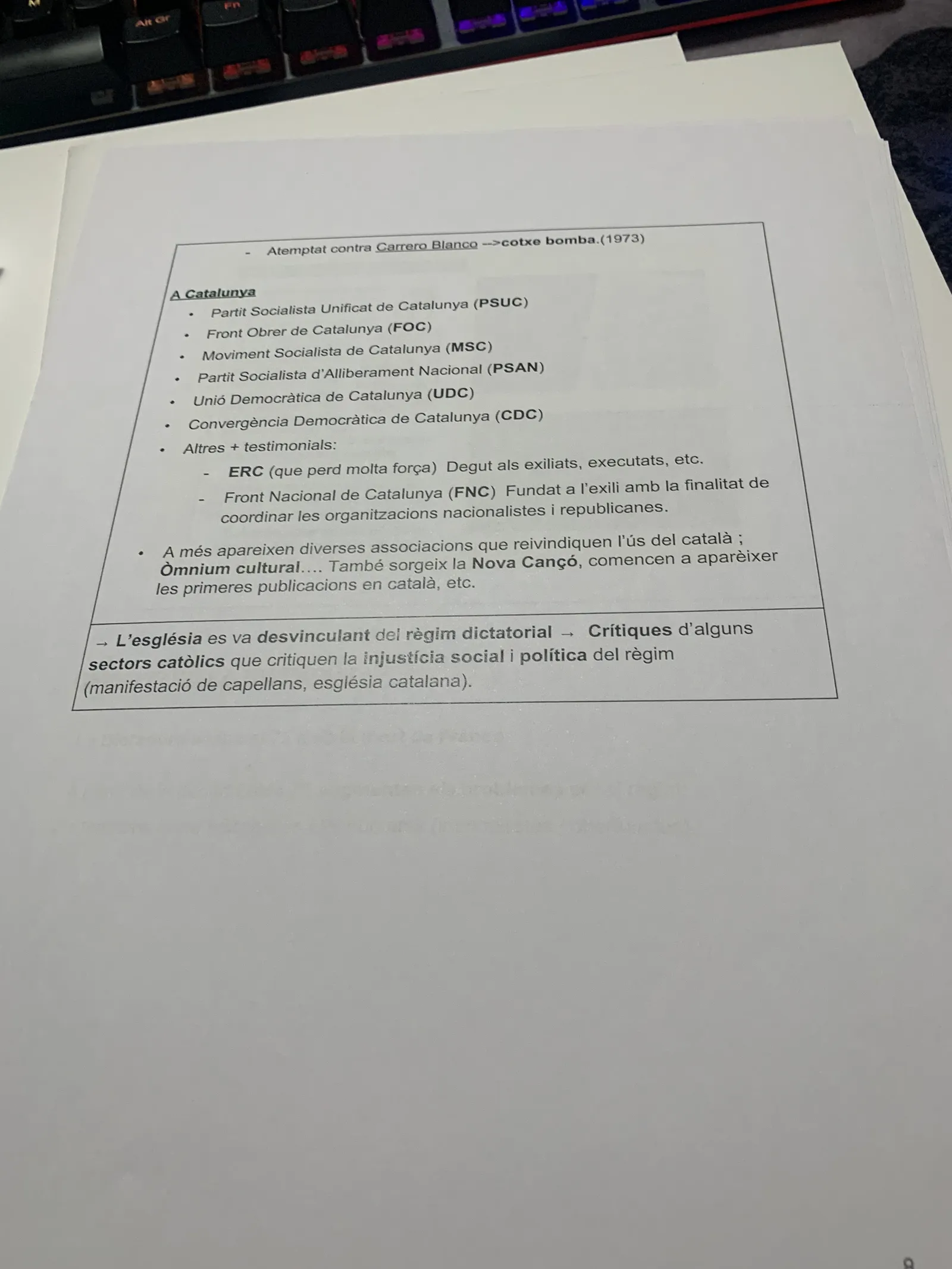 Els partits de l'oposició a Catalunya (PSUC, FOC, MSC, PSAN, UDC, CDC) i el paper de l'església