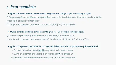 Preguntes de repàs sobre categories, sintagmes i pronoms febles (respostes)