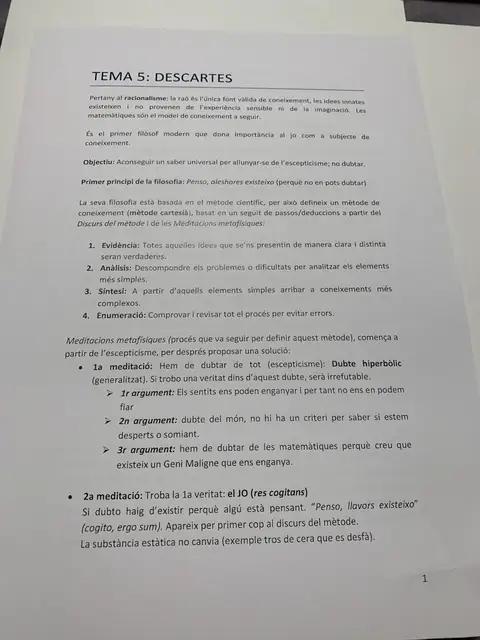 Tema 5: Descartes, el racionalisme, les quatre regles del mètode i les dues primeres meditacions