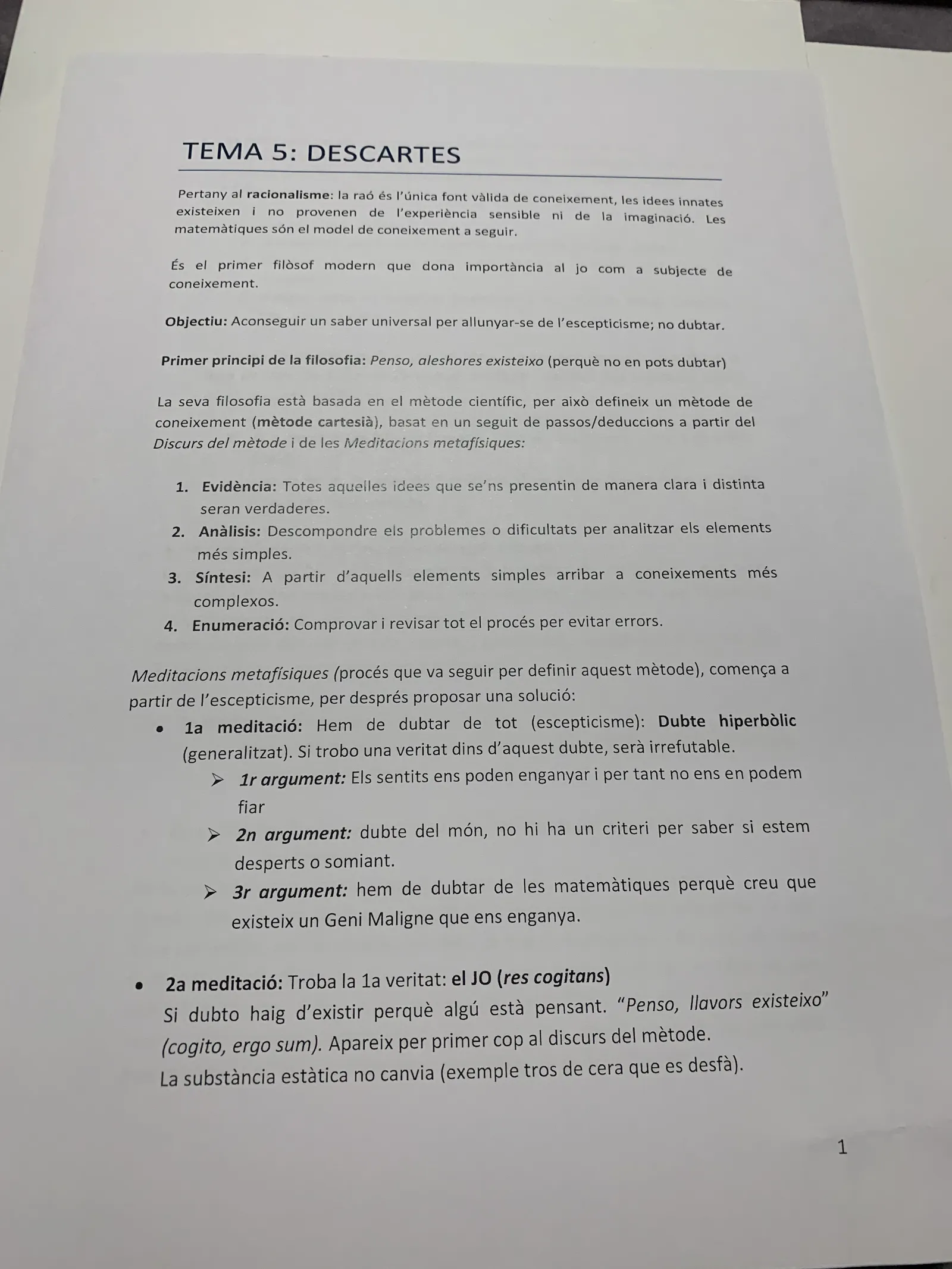 Tema 5: Descartes, el racionalisme, les quatre regles del mètode i les dues primeres meditacions