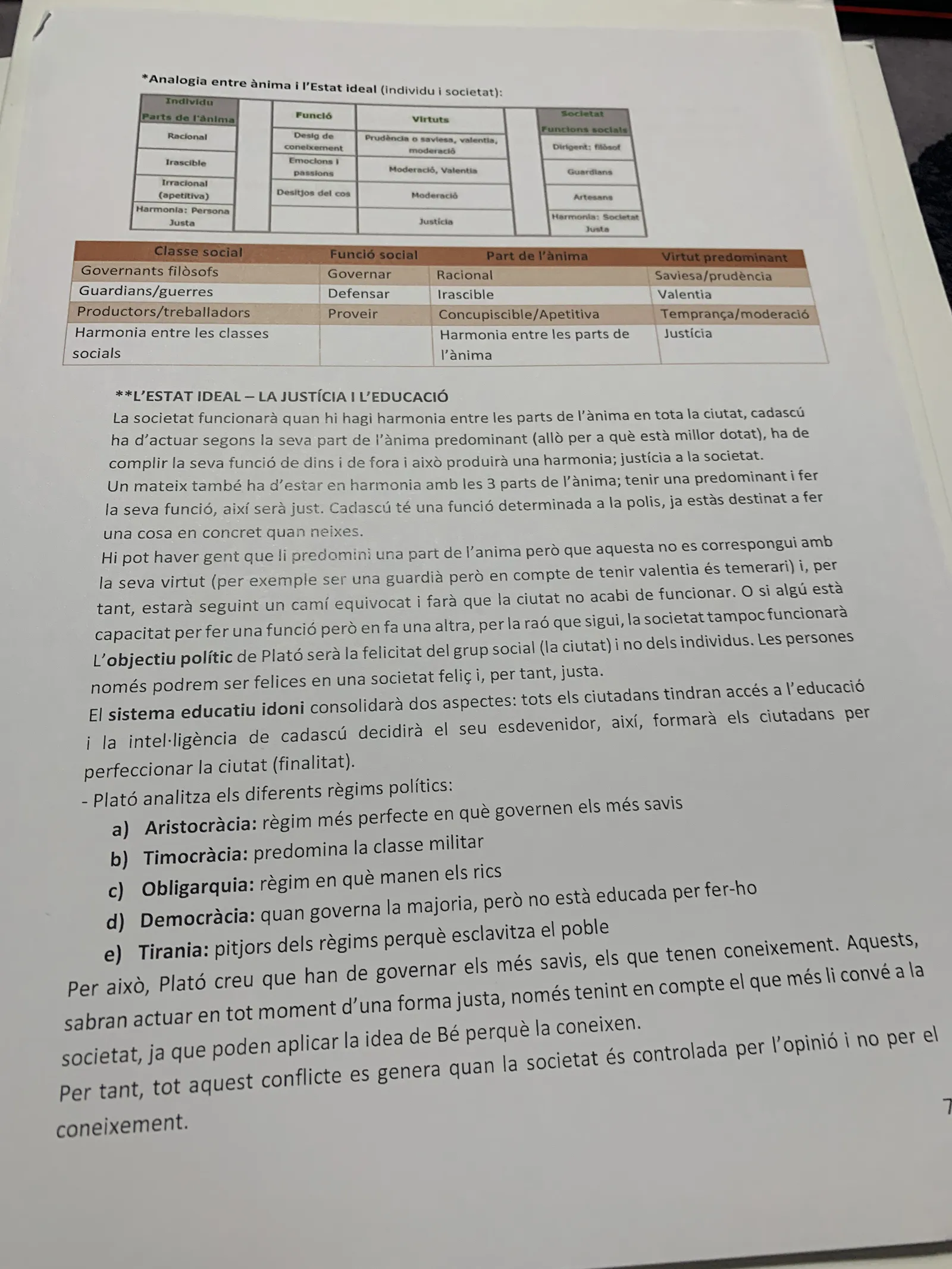 L'analogia entre l'ànima i l'Estat ideal, les tres classes socials i els cinc règims polítics de Plató