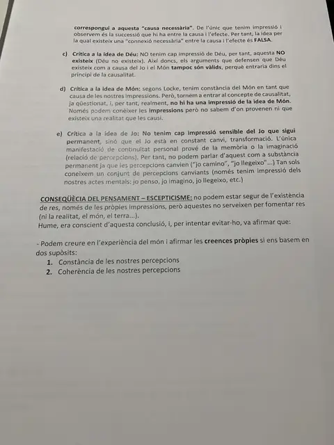 Les crítiques a les idees de Déu, de Món i de Jo, i l'escepticisme com a conseqüència del pensament de Hume