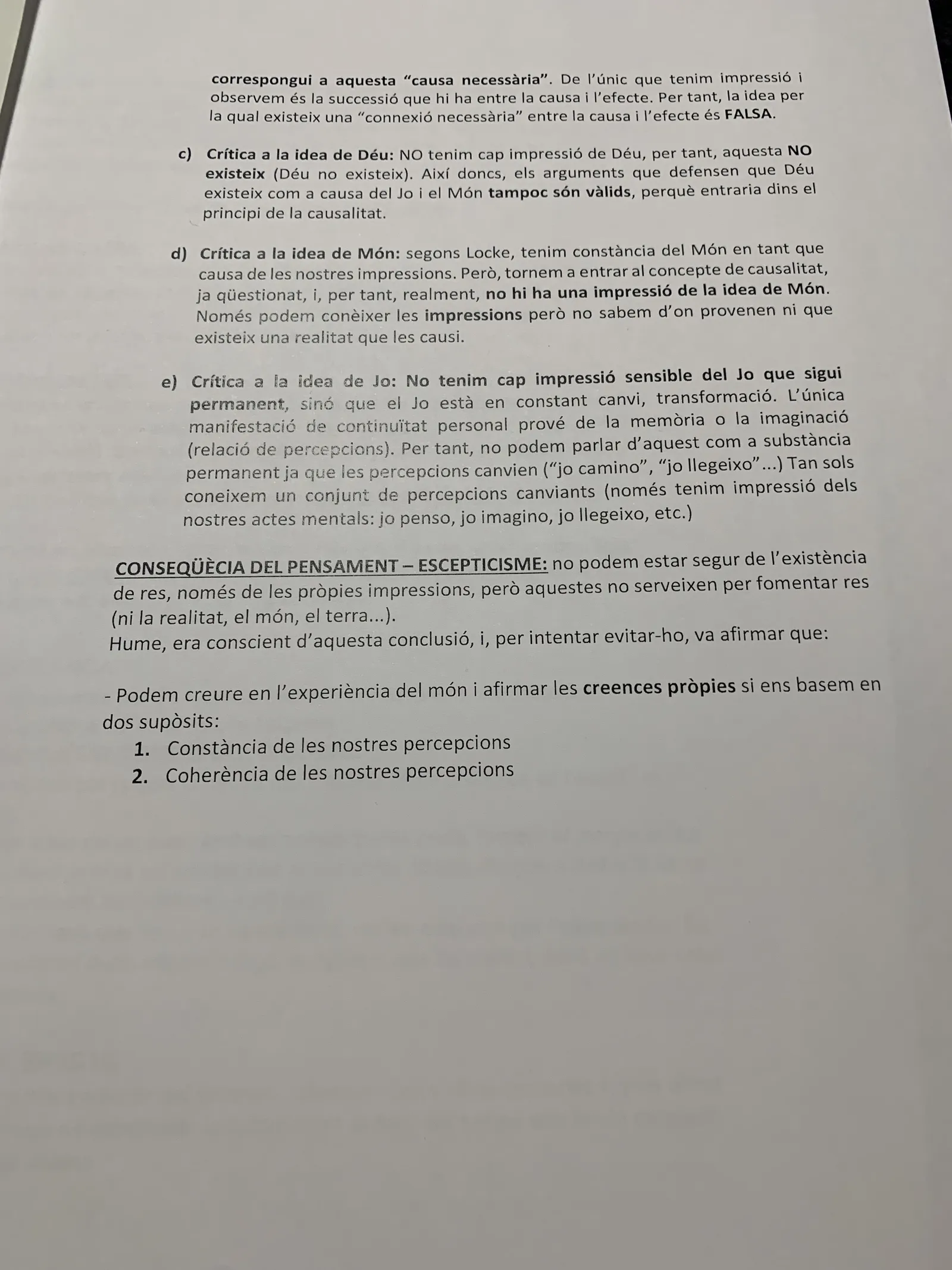 Les crítiques a les idees de Déu, de Món i de Jo, i l'escepticisme com a conseqüència del pensament de Hume