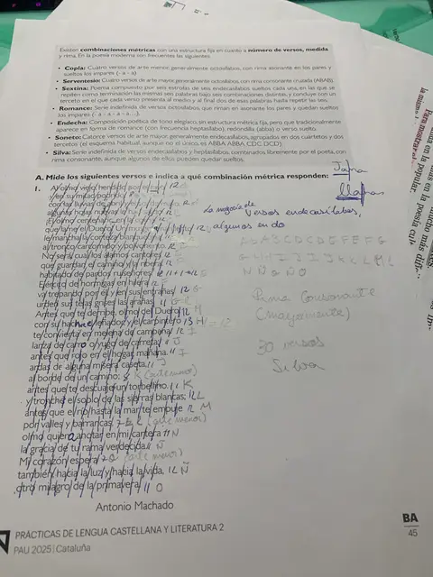 Combinaciones métricas (copla, serventesio, sextina, romance, endecha, silva) y medición de un poema de Antonio Machado