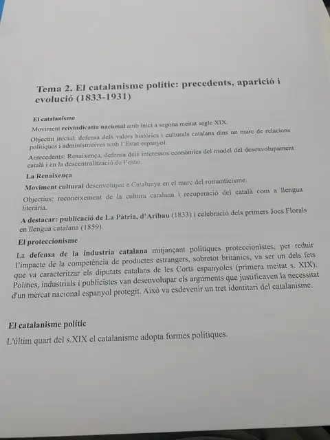 Tema 2 imprès: el catalanisme polític, la Renaixença i el proteccionisme