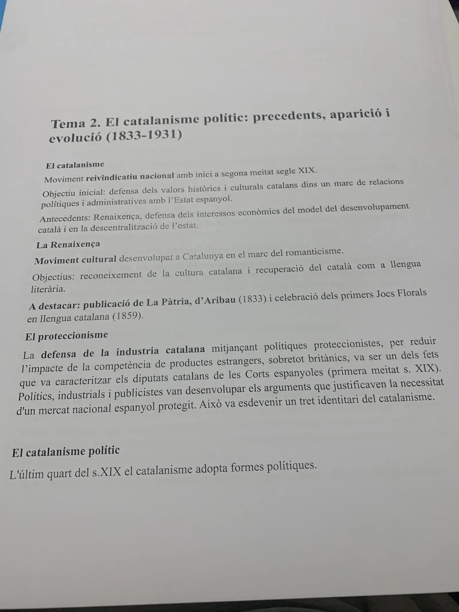 Tema 2 imprès: el catalanisme polític, la Renaixença i el proteccionisme