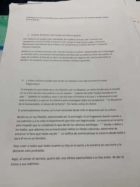Preguntas sobre el carácter de Basilio y el marqués de Ulloa y el uso del poder
