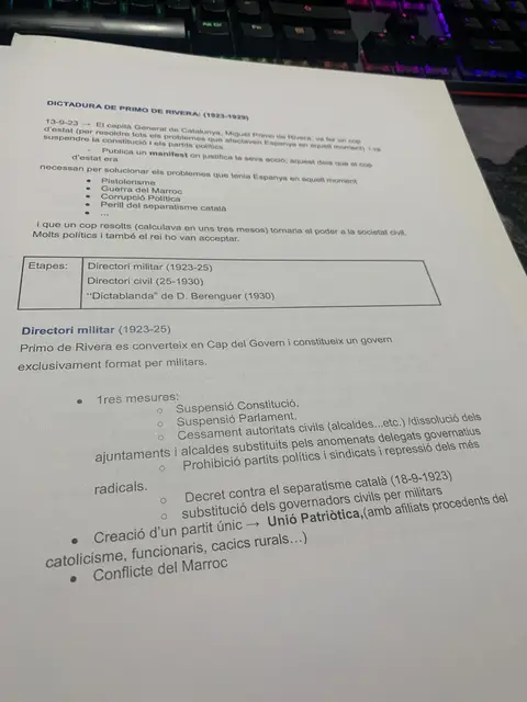 El cop del 13 de setembre de 1923, les etapes de la dictadura i les mesures del Directori Militar