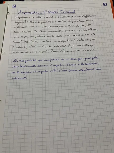 Argumentació filosòfica trimestral manuscrita sobre si actuar per sentiments és més probable que per deure moral