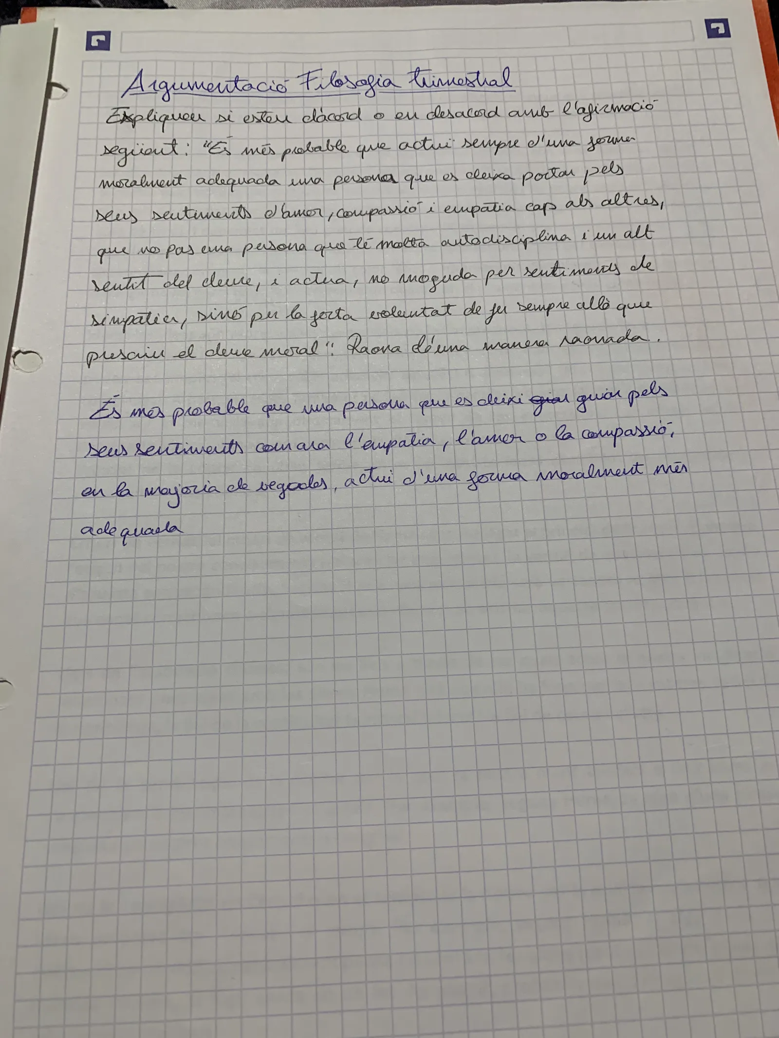 Argumentació filosòfica trimestral manuscrita sobre si actuar per sentiments és més probable que per deure moral