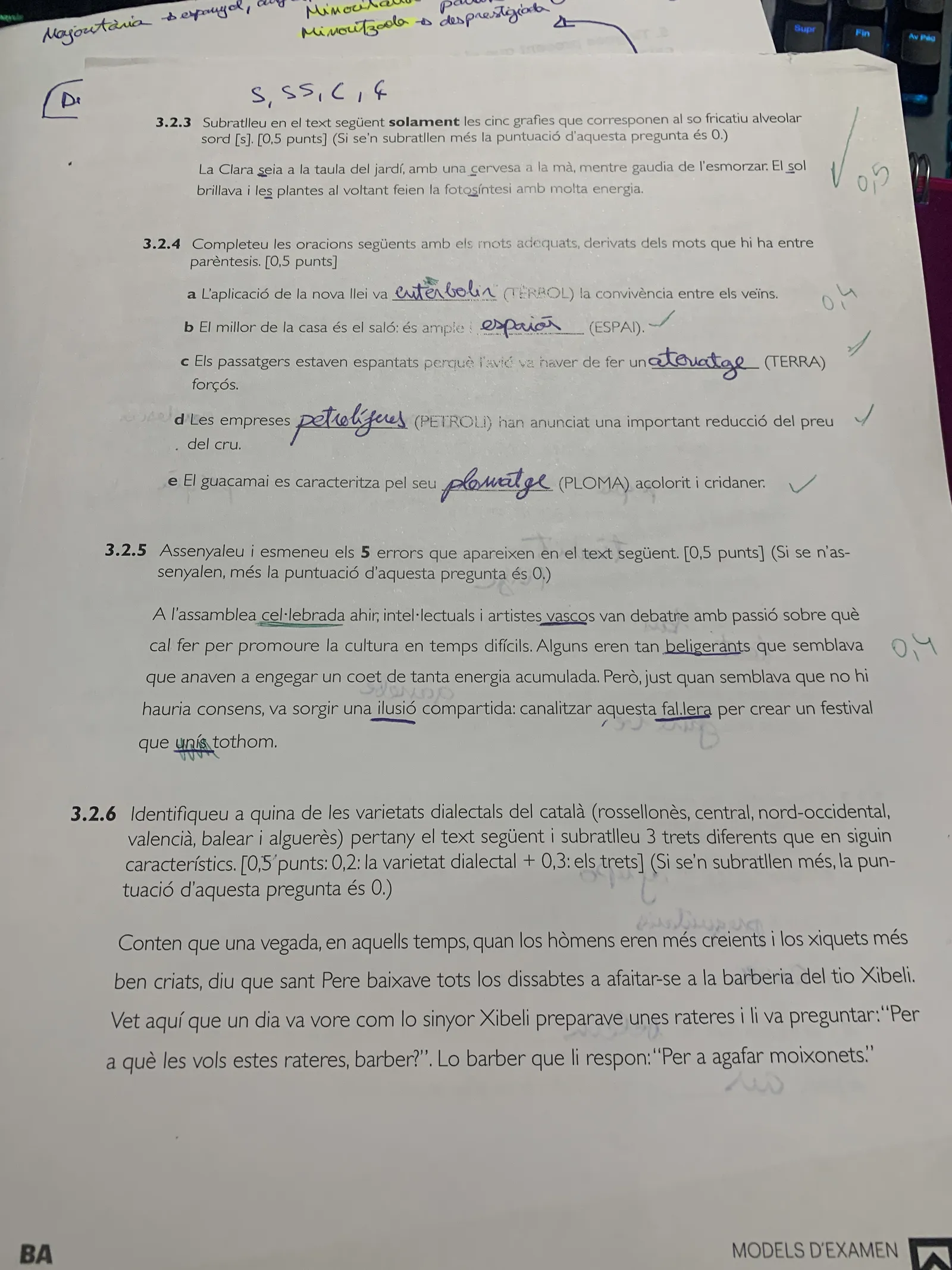 Model PAU: grafies del so fricatiu alveolar sord, mots derivats, errors i trets dialectals