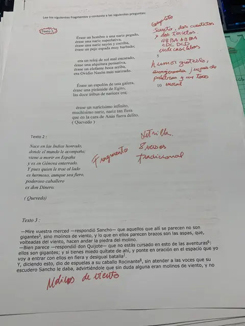 Tres textos para comparar: soneto de la nariz de Quevedo, letrilla del dinero y los molinos del Quijote, anotados