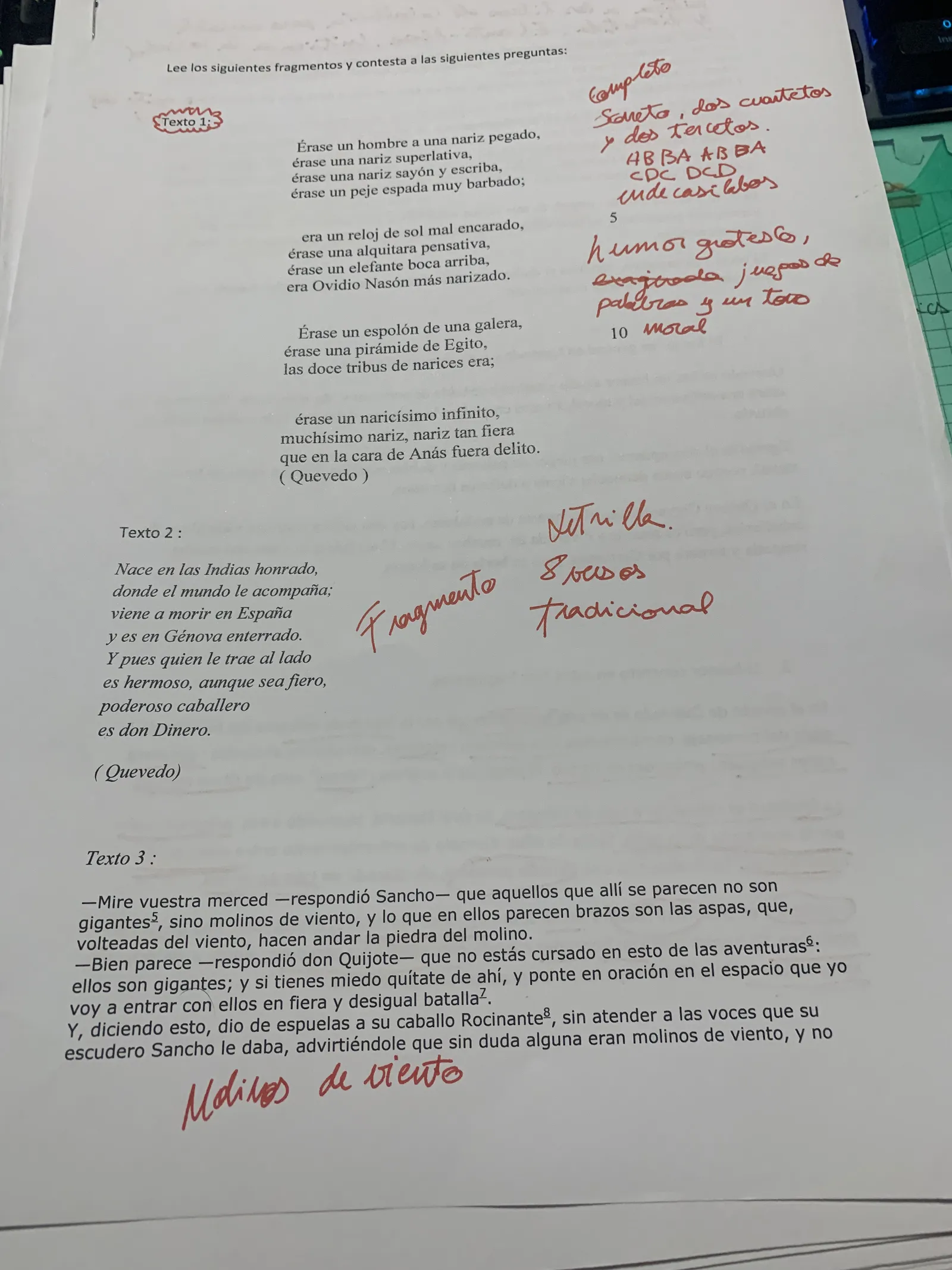 Tres textos para comparar: soneto de la nariz de Quevedo, letrilla del dinero y los molinos del Quijote, anotados