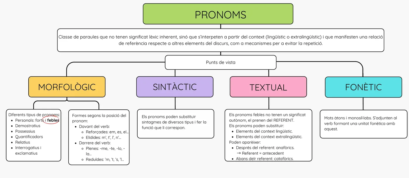 Esquema amb quatre requadres de colors sobre els punts de vista dels pronoms
