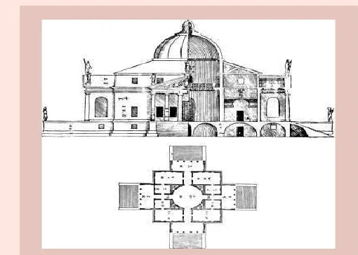 Dibuix tècnic de l'alçat i la planta d'un edifici amb cúpula central
